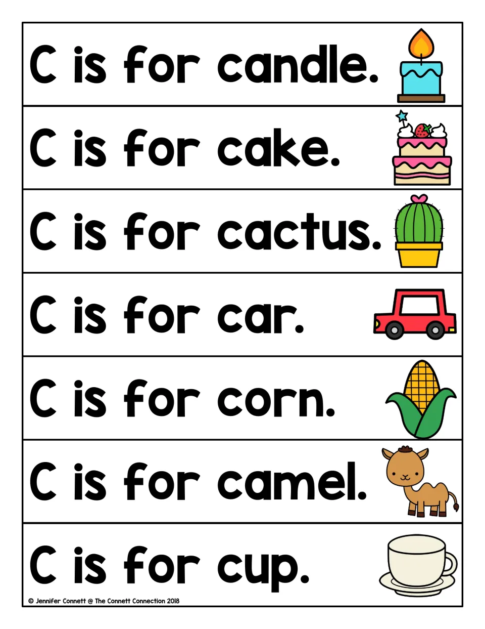 More C words reading strips: students read seven sentences from C is for candle to C is for cup, each with a picture
