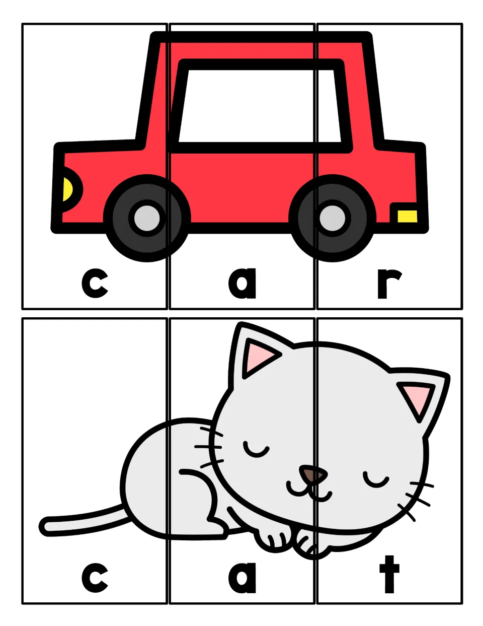 Picture puzzles for car and cat: students cut apart the letter strips and order c-a-r and c-a-t to rebuild each image