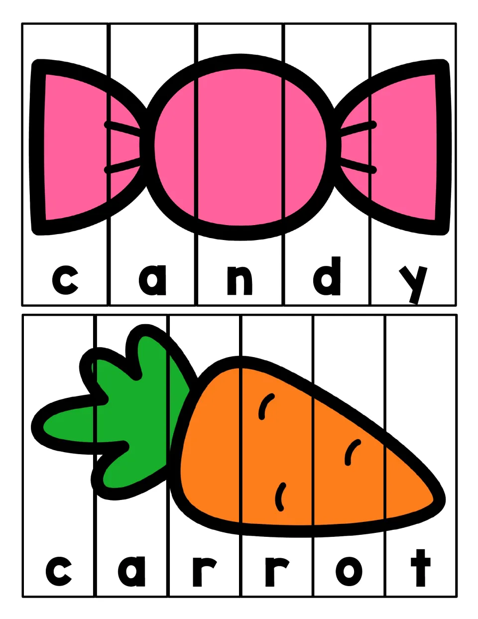 Candy and carrot puzzles: students sequence letter strips to spell c-a-n-d-y and c-a-r-r-o-t and complete each picture