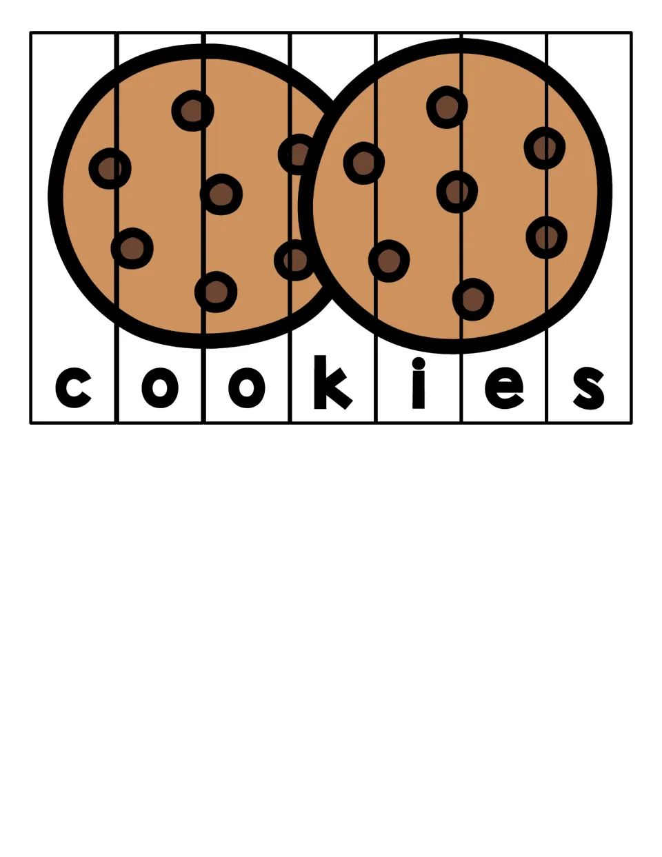 Cookies puzzle: students put seven letter strips in order to spell c-o-o-k-i-e-s and rebuild two chocolate chip cookies