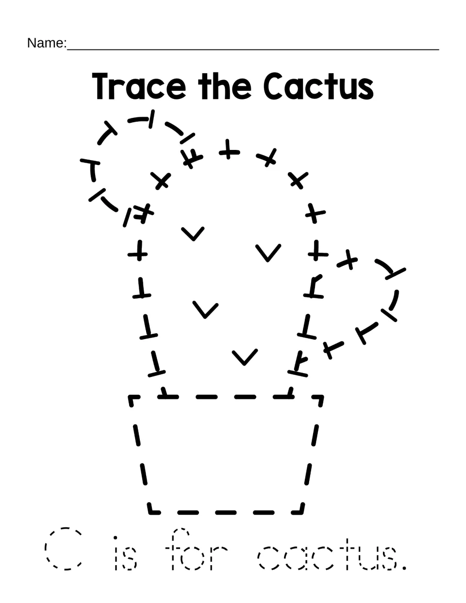Letter C cactus tracing: students trace a dashed potted cactus with spines, then trace the sentence "C is for cactus."