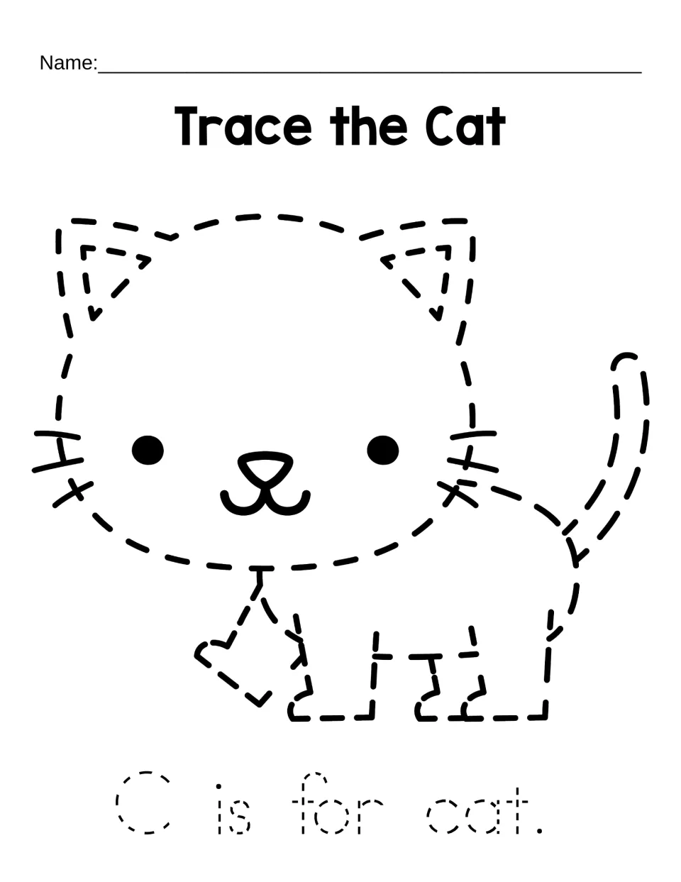 Letter C cat tracing: students trace the dashed outline of a sitting cat with whiskers and tail, then trace "C is for cat."