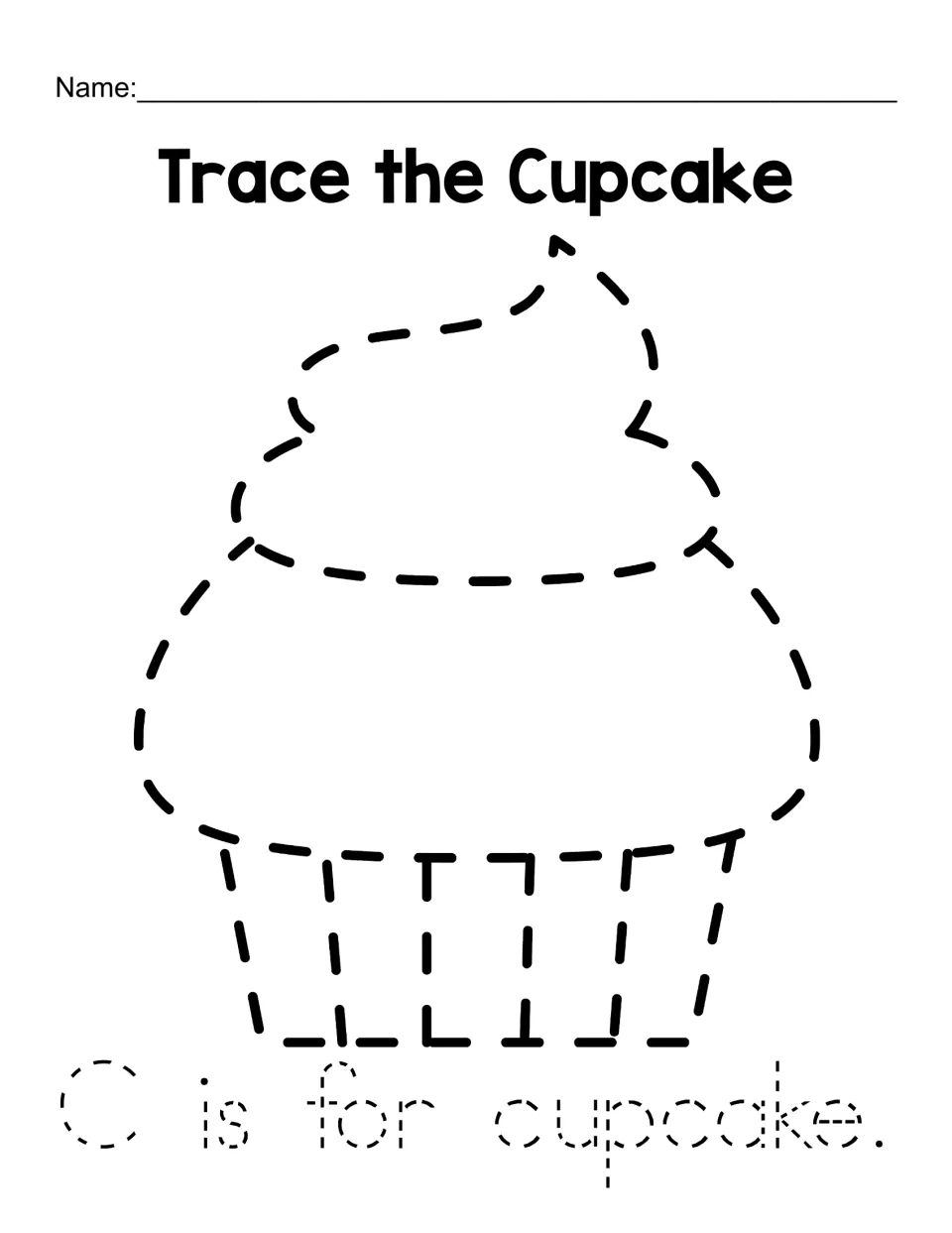 Letter C cupcake tracing: students trace a dashed cupcake with swirled frosting and liner, then trace "C is for cupcake."