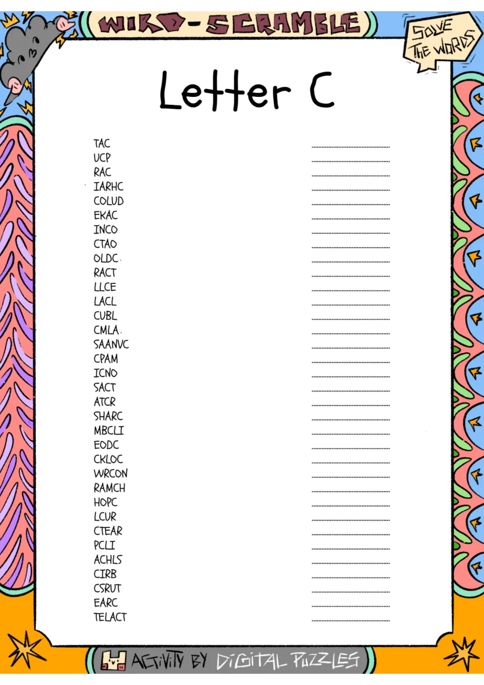 Letter C word scramble: students unscramble 34 jumbled words such as TAC, COLUD and SAANVC and write each C word