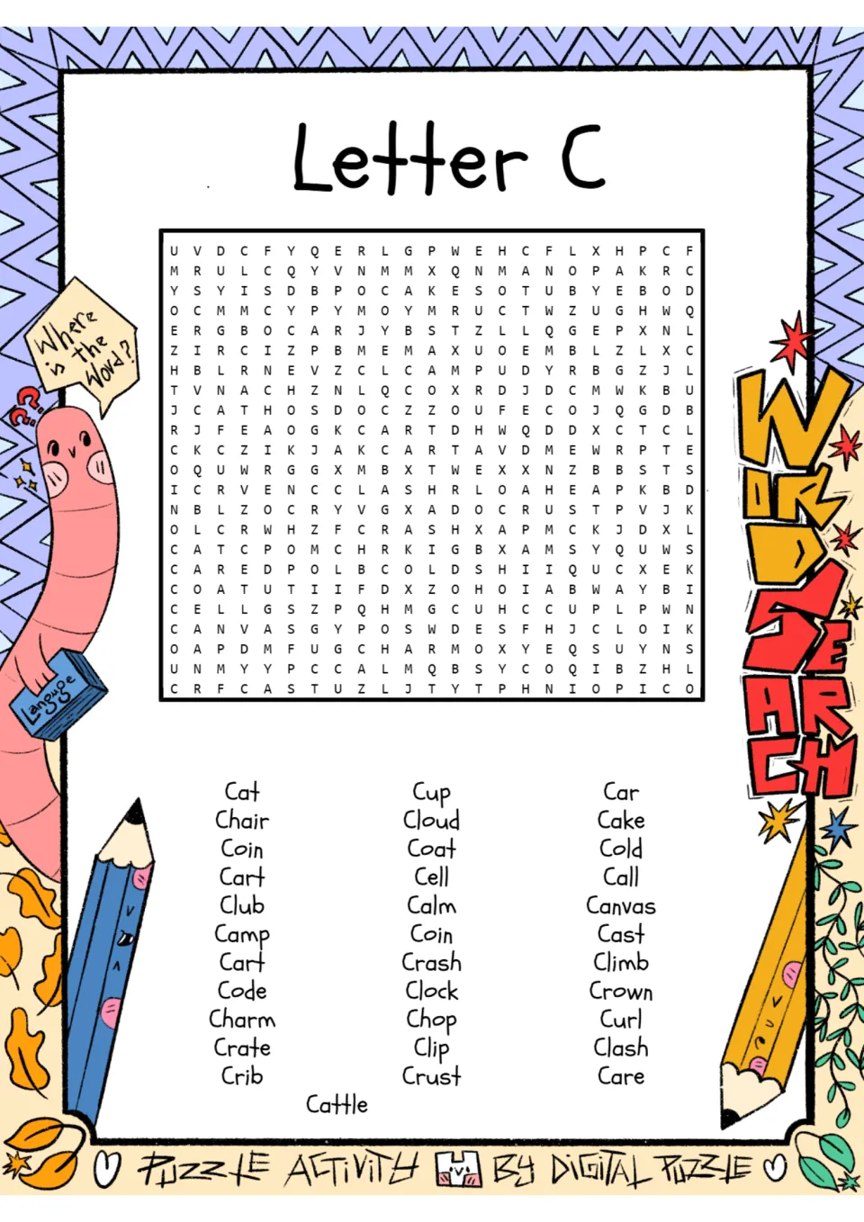 Letter C word search: students find 34 C words such as cat, chair, cloud, crown and cattle hidden in the letter puzzle