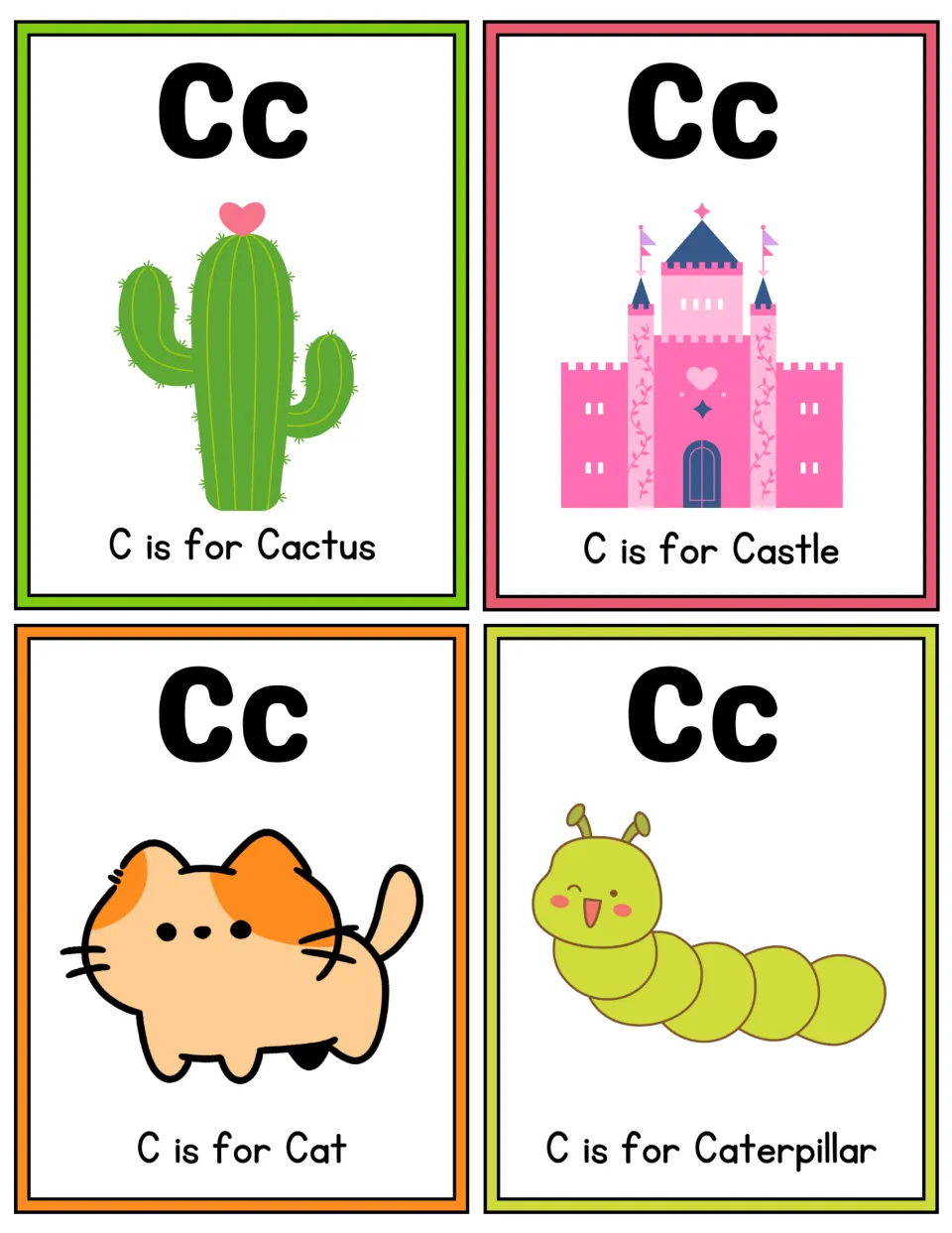 Letter C flashcards in color: Cc with C is for Cactus, Castle, Cat and Caterpillar for naming each picture's first sound