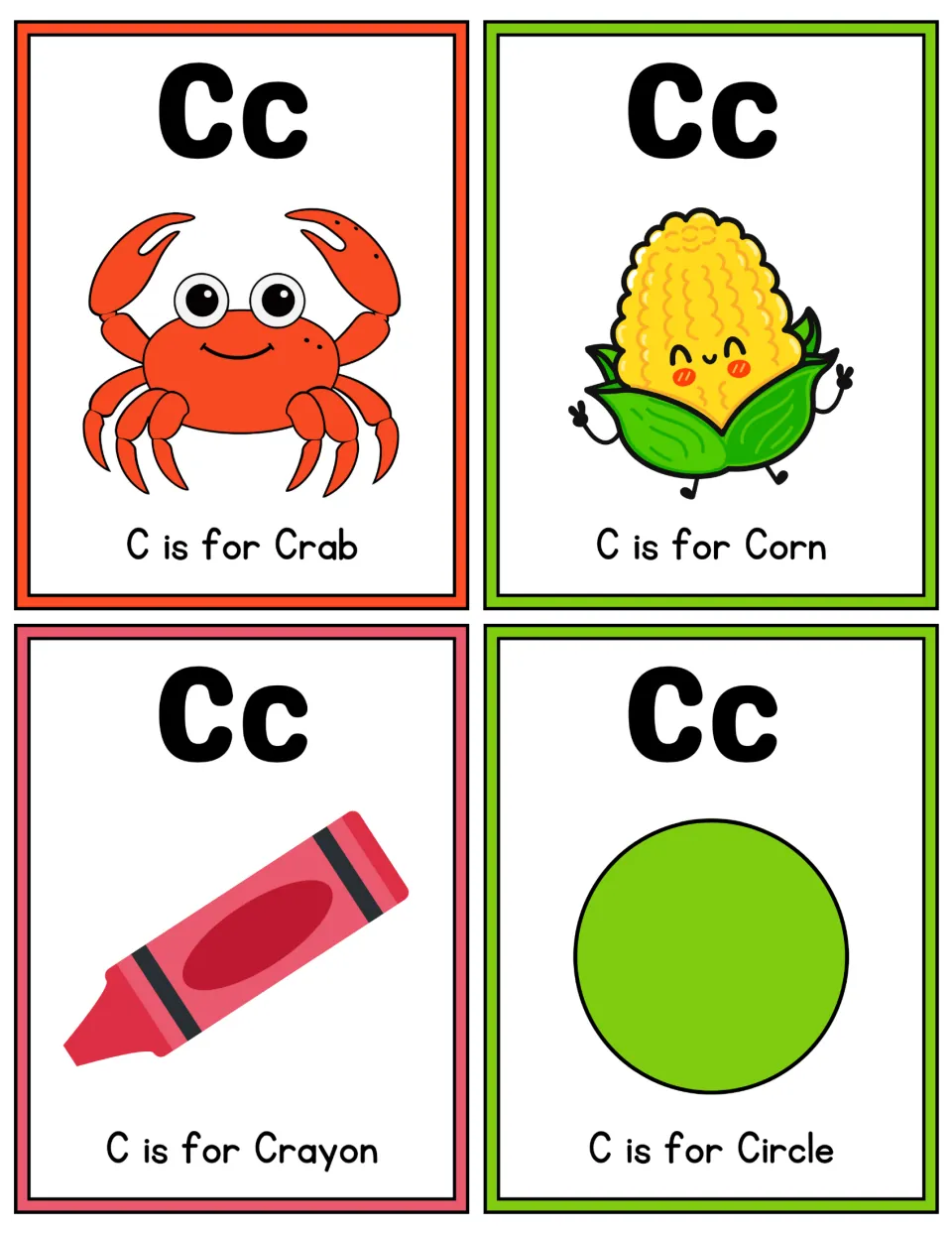 Color letter C flashcards: Cc cards reading C is for Crab, Corn, Crayon and Circle, each with a matching picture to name