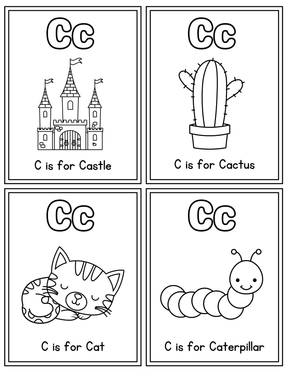 Letter C coloring flashcards: outlined Cc above a castle, cactus, cat and caterpillar for students to color and name aloud