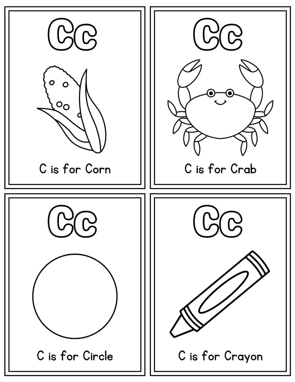 Letter C color-in cards: outlined Cc with corn, crab, circle and crayon drawings and C is for labels for students to color