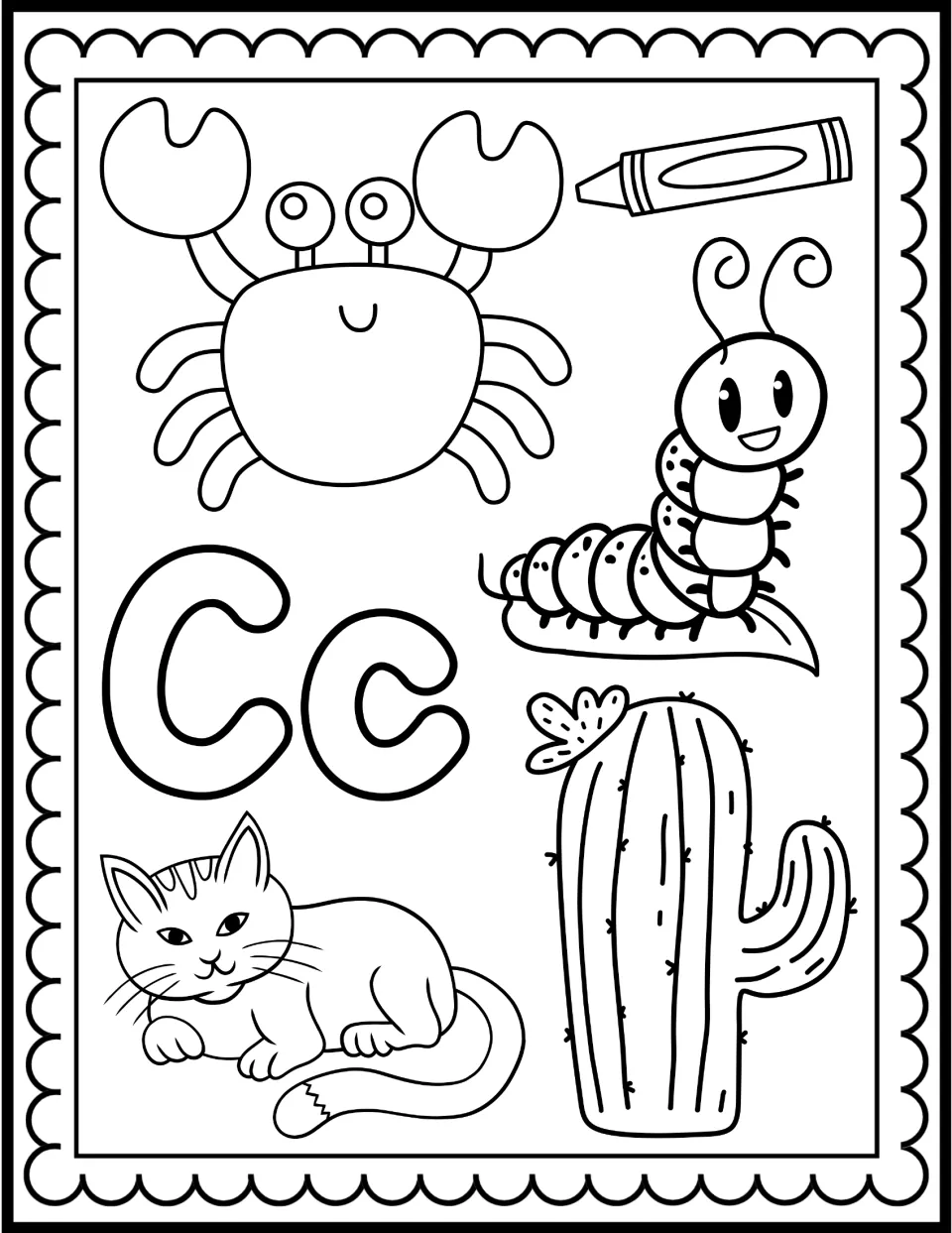 Letter C coloring page: bubble Cc surrounded by a crab, crayon, caterpillar, cactus and cat for students to color