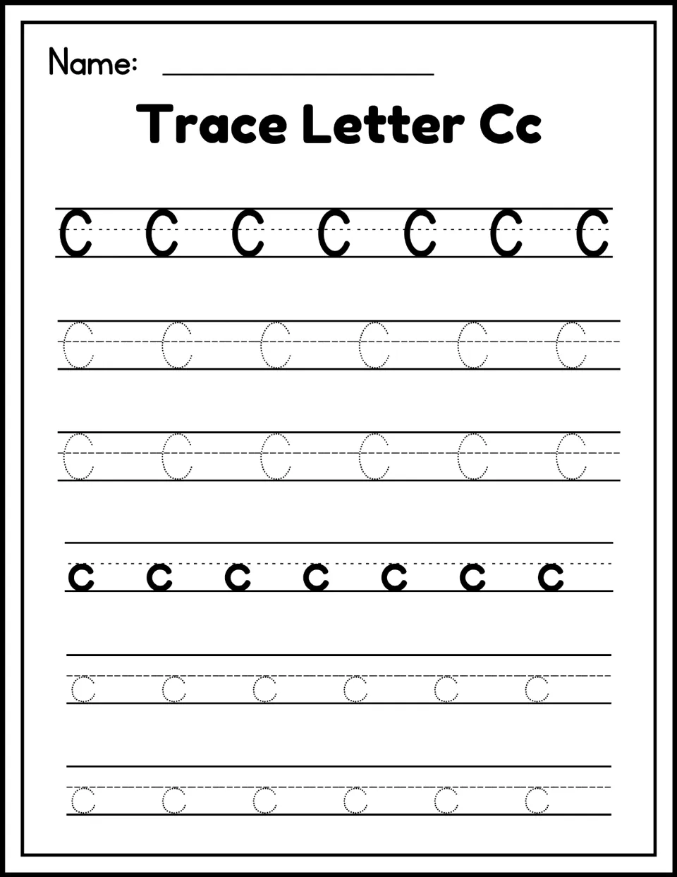 Trace Letter Cc: students practise handwriting by tracing dotted uppercase C and lowercase c rows after solid models