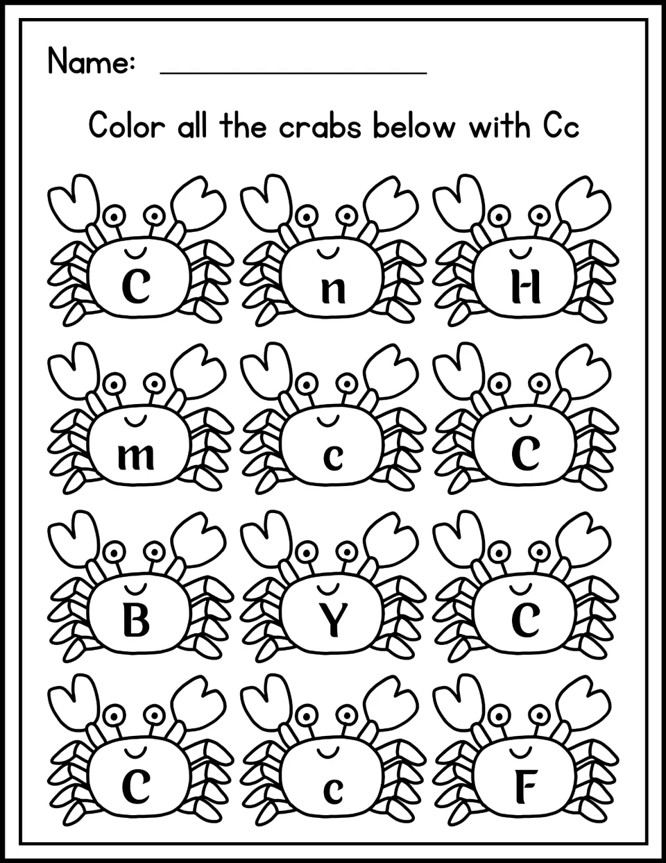 Letter recognition hunt: students color all the crabs with C or c and skip crabs showing n, H, m, B, Y and F