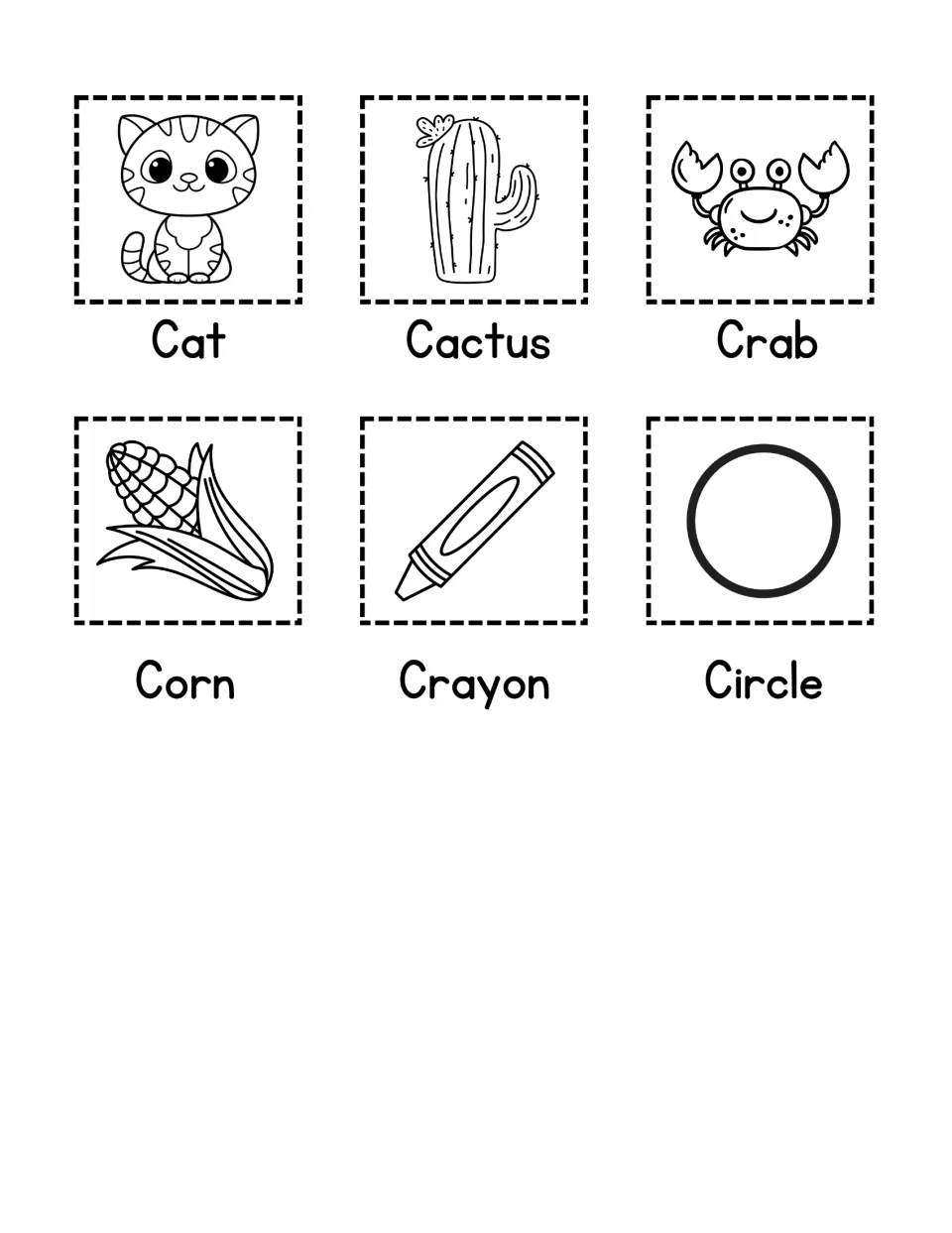 C word picture cards to cut out: Cat, Cactus, Crab, Corn, Crayon and Circle, each labeled under a black-and-white drawing