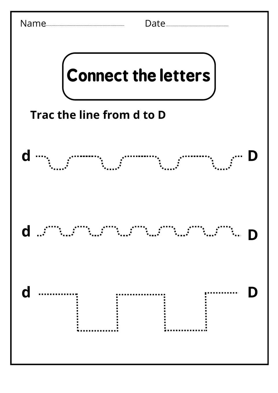Connect the letters: students trace three dotted wavy, curvy and square paths linking lowercase d to capital D