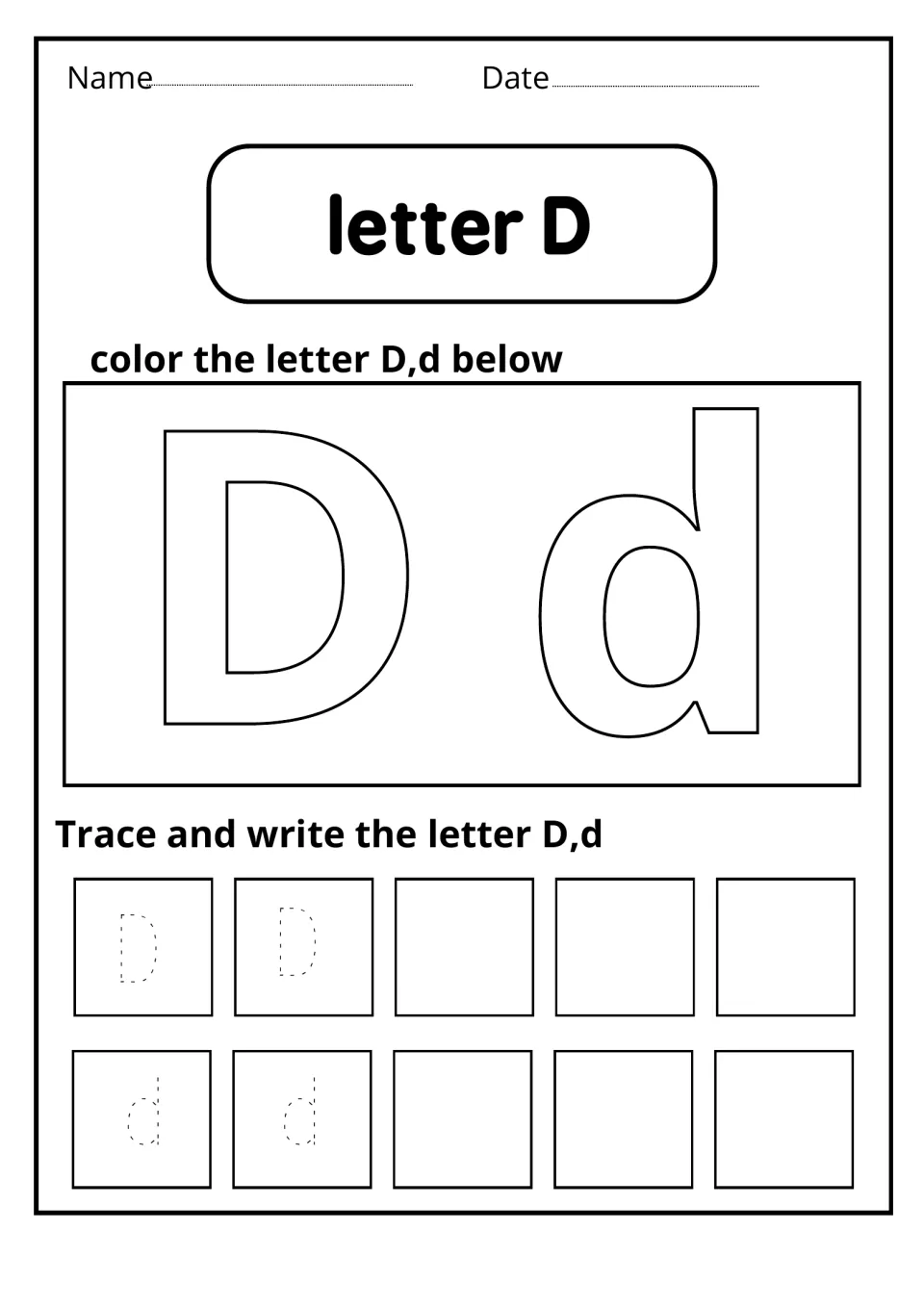 Letter D: students color large outline D and d letters, then trace two dotted examples of each and write more