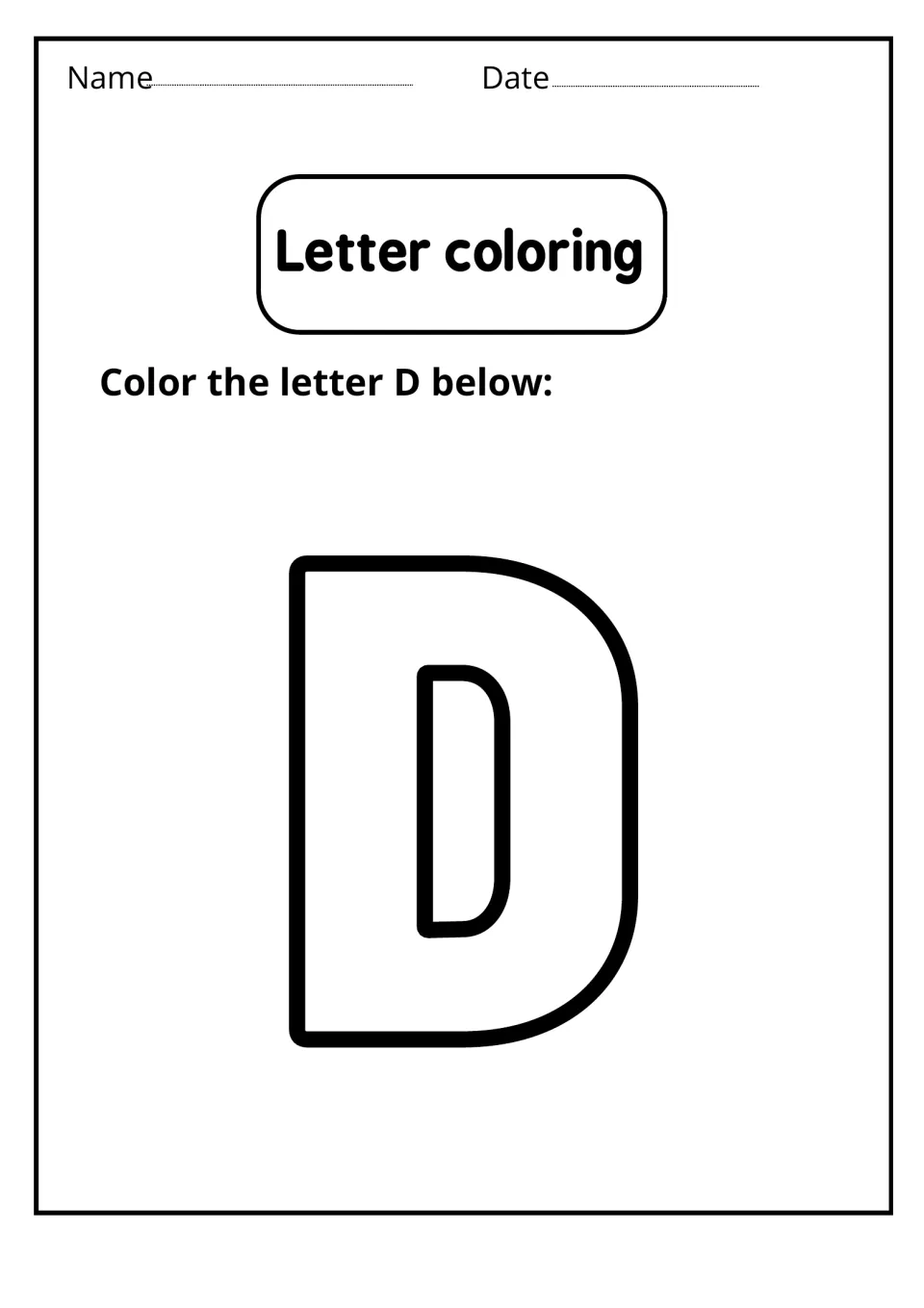Letter coloring: students color in one large bubble outline of the capital letter D, shown alone on the page