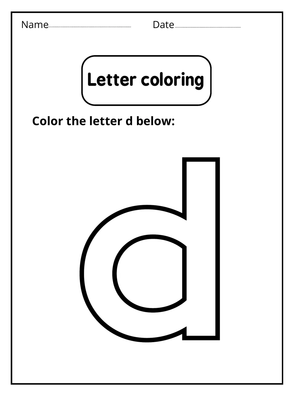 Letter coloring: students color in a single large bubble outline of the lowercase letter d