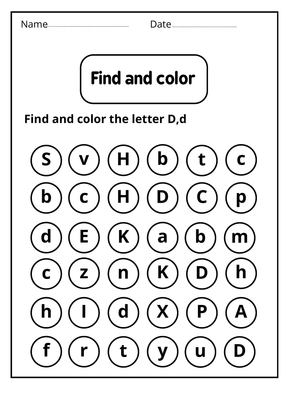Find and color: students search 36 circled mixed letters and color each D or d, practising letter recognition