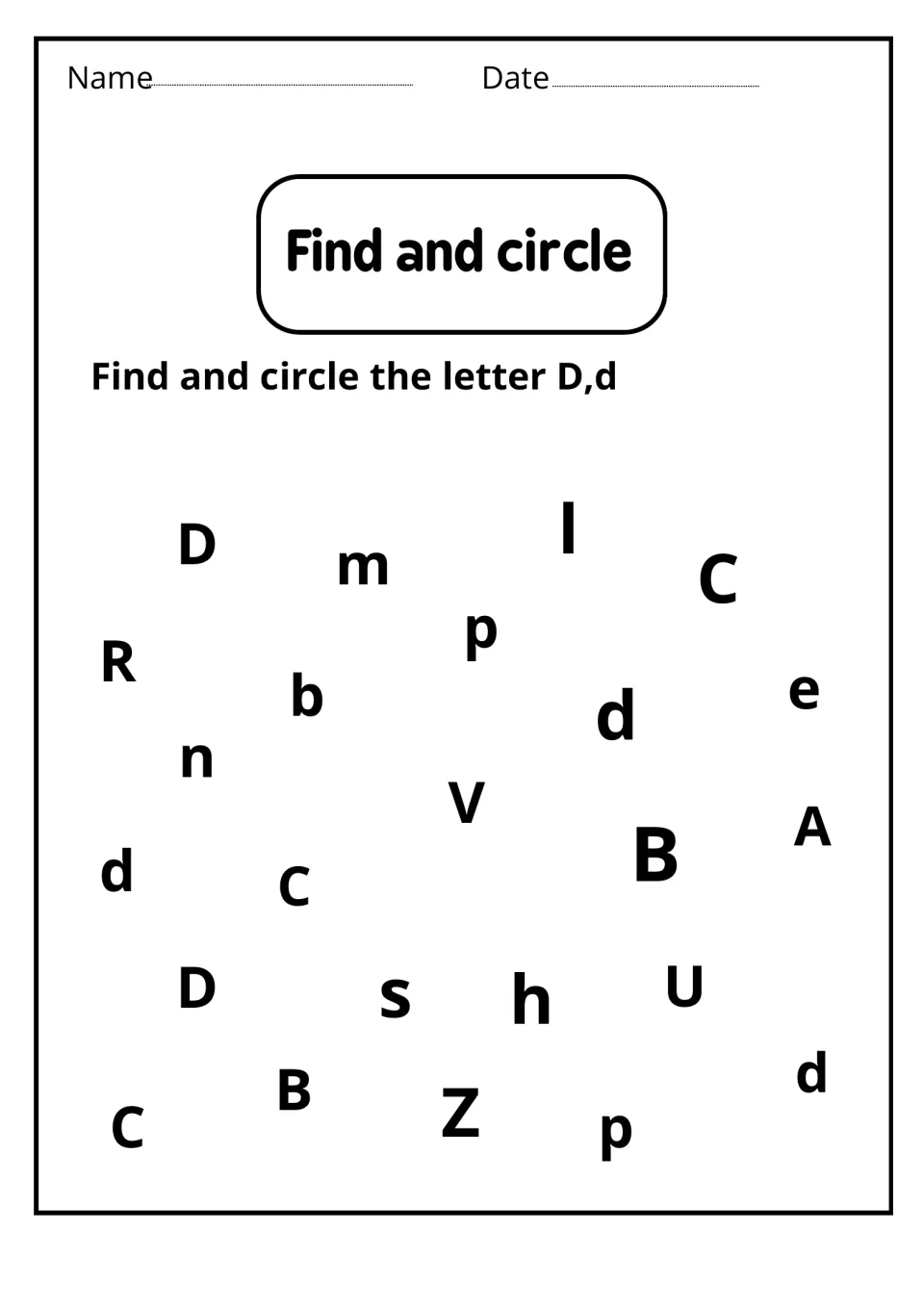 Find and circle: students hunt through scattered capital and lowercase letters and circle every D and d they spot