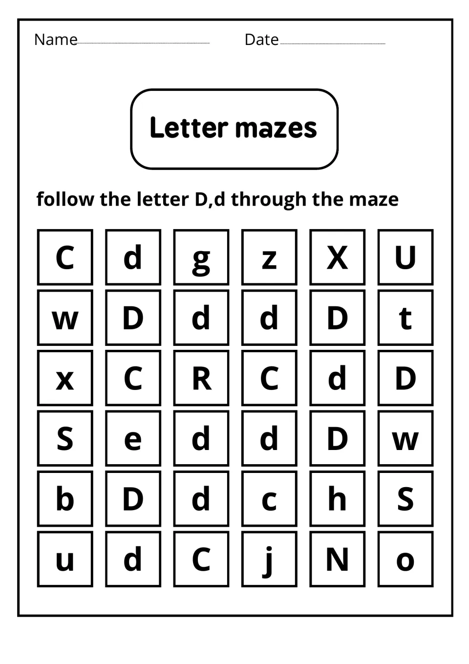 Letter mazes: students follow a path of D and d letters through a field of mixed letters, practising letter recognition