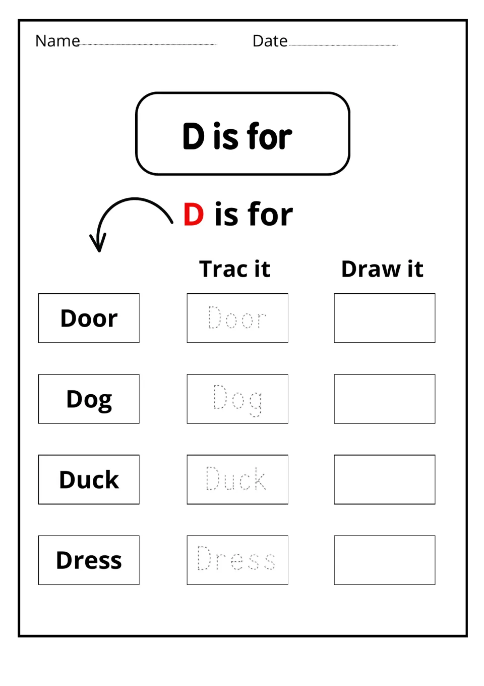 D is for: students trace the words Door, Dog, Duck and Dress, then draw a picture of each, linking letter d to its sound
