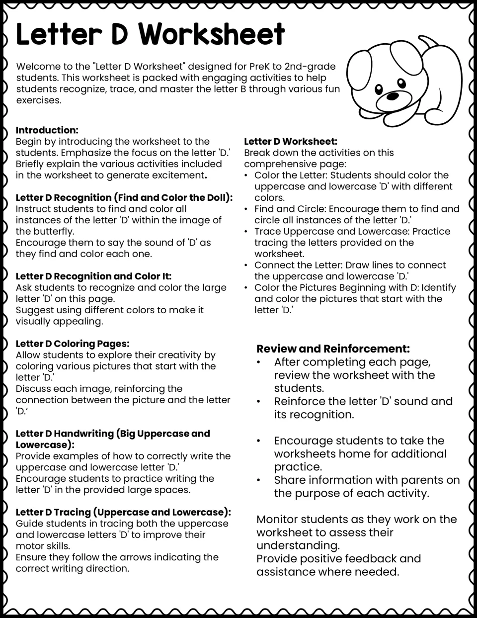 Teacher guide for the letter D pack covering recognition, coloring, handwriting, tracing, and review
