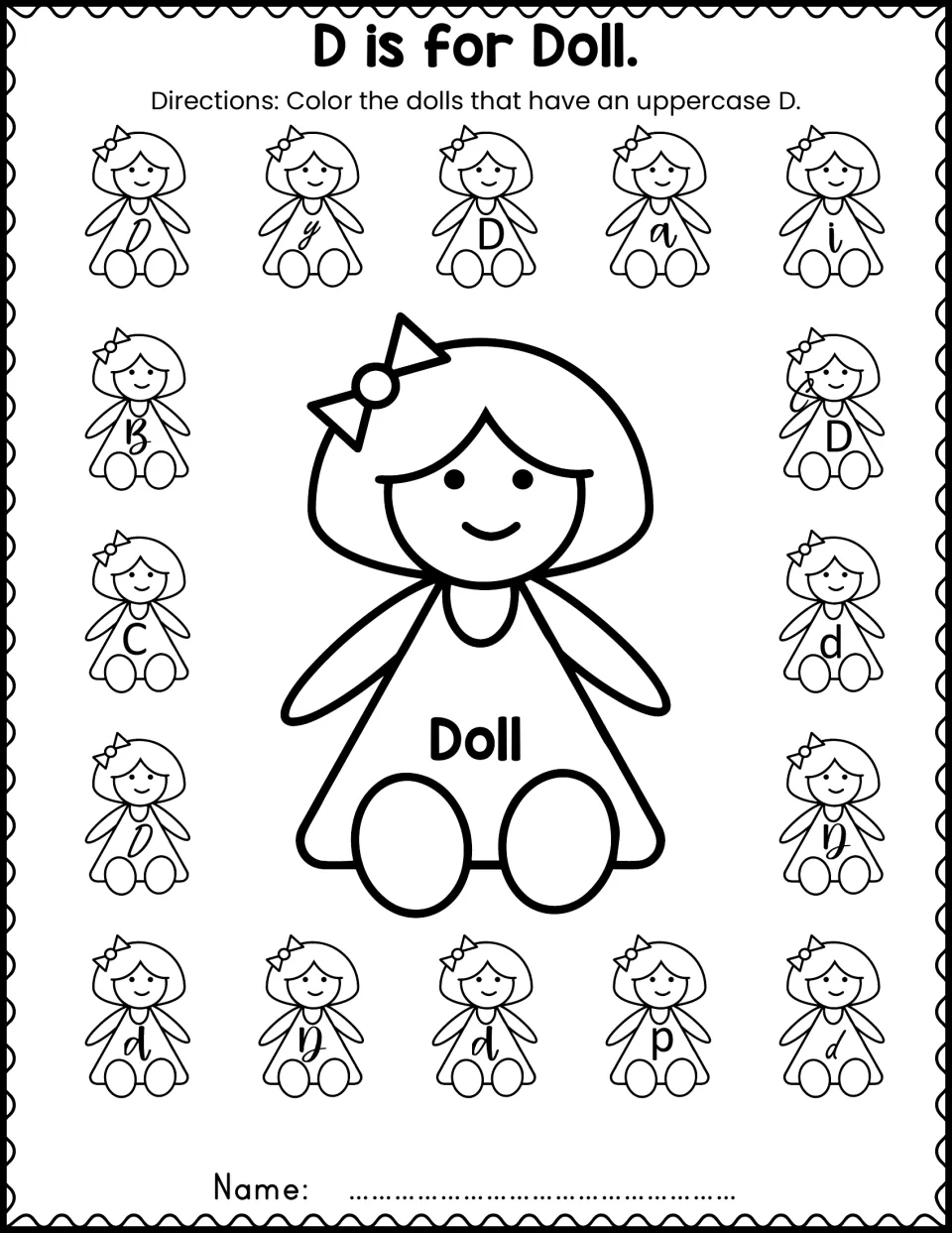 Letter D recognition activity: color dolls bearing uppercase D around a large doll labeled 'Doll'