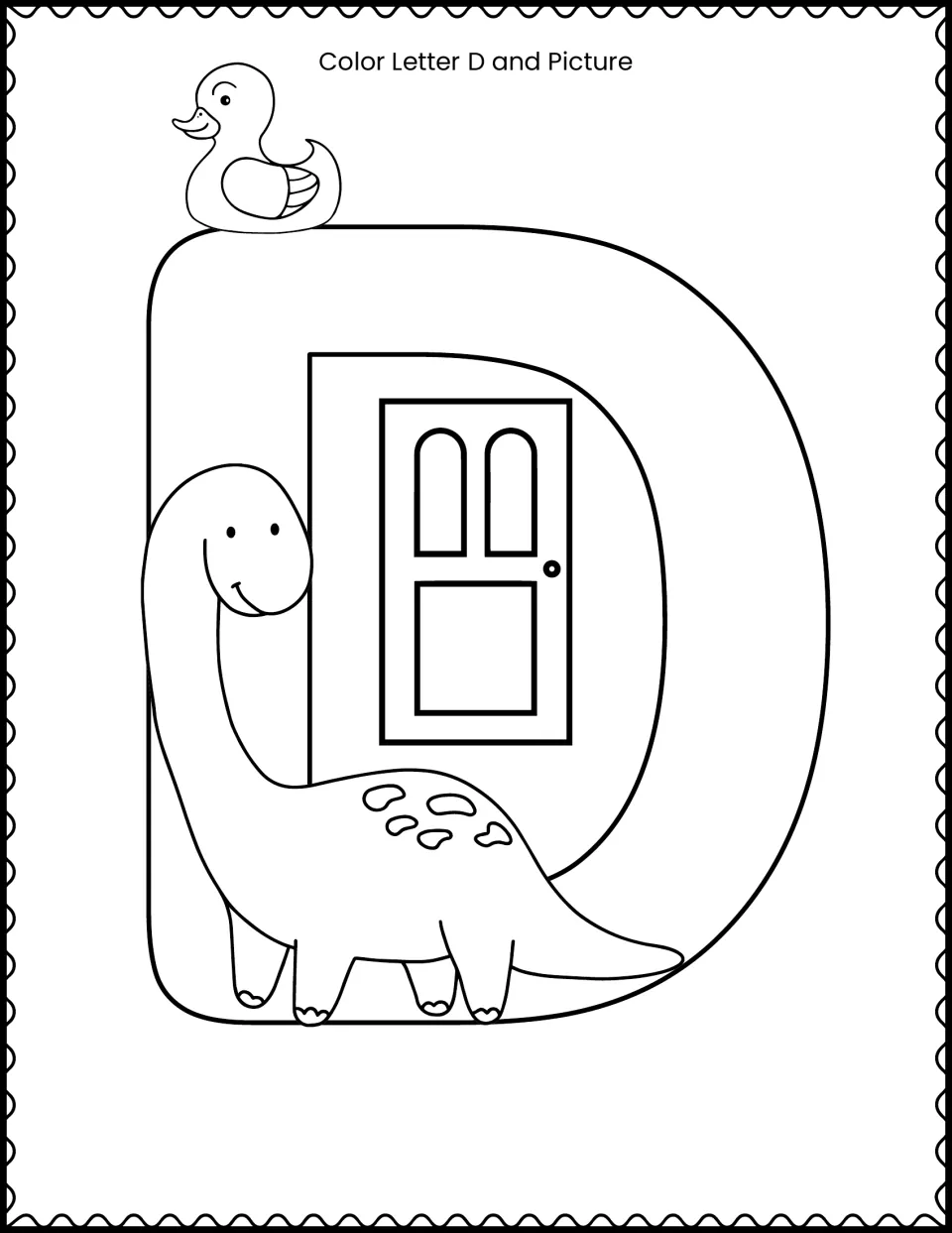 Letter D coloring activity featuring a large uppercase D accompanied by a duck, a door, and a dinosaur