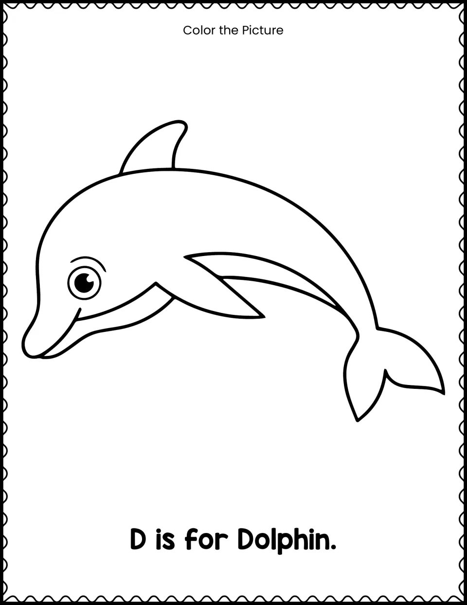 Letter D picture coloring activity featuring a dolphin and the beginning-letter sentence 'D is for Dolphin.'