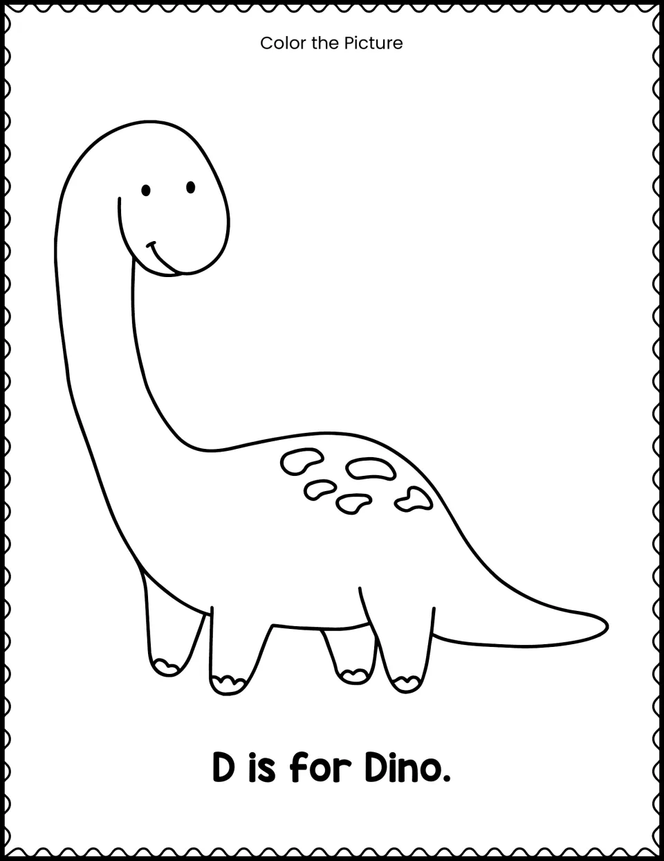 Letter D picture coloring activity featuring a dinosaur and the beginning-letter sentence 'D is for Dino.'