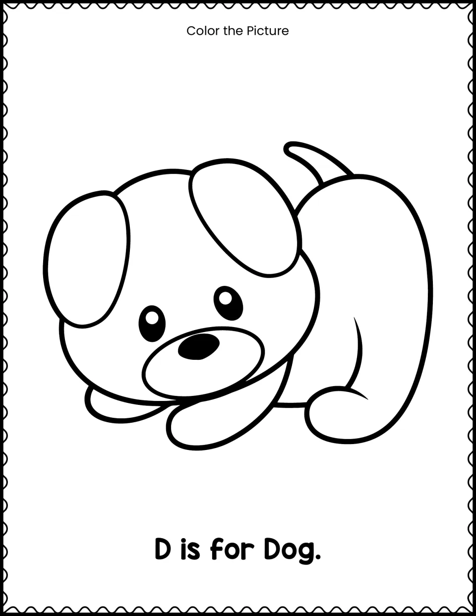 Letter D picture coloring activity featuring a dog and the beginning-letter sentence 'D is for Dog.'