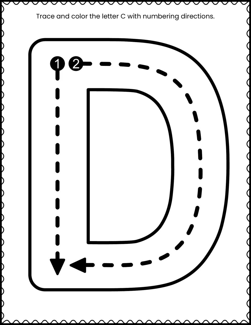 Uppercase D formation activity with numbered tracing arrows; the direction mistakenly names letter C