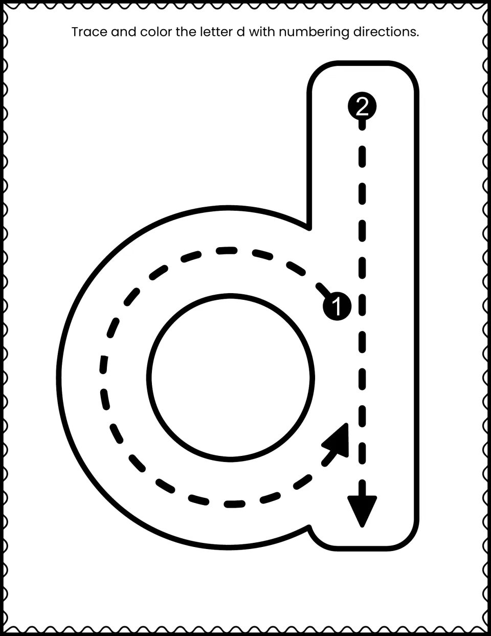 Lowercase d formation activity with a large letter to trace and color using numbered strokes and arrows