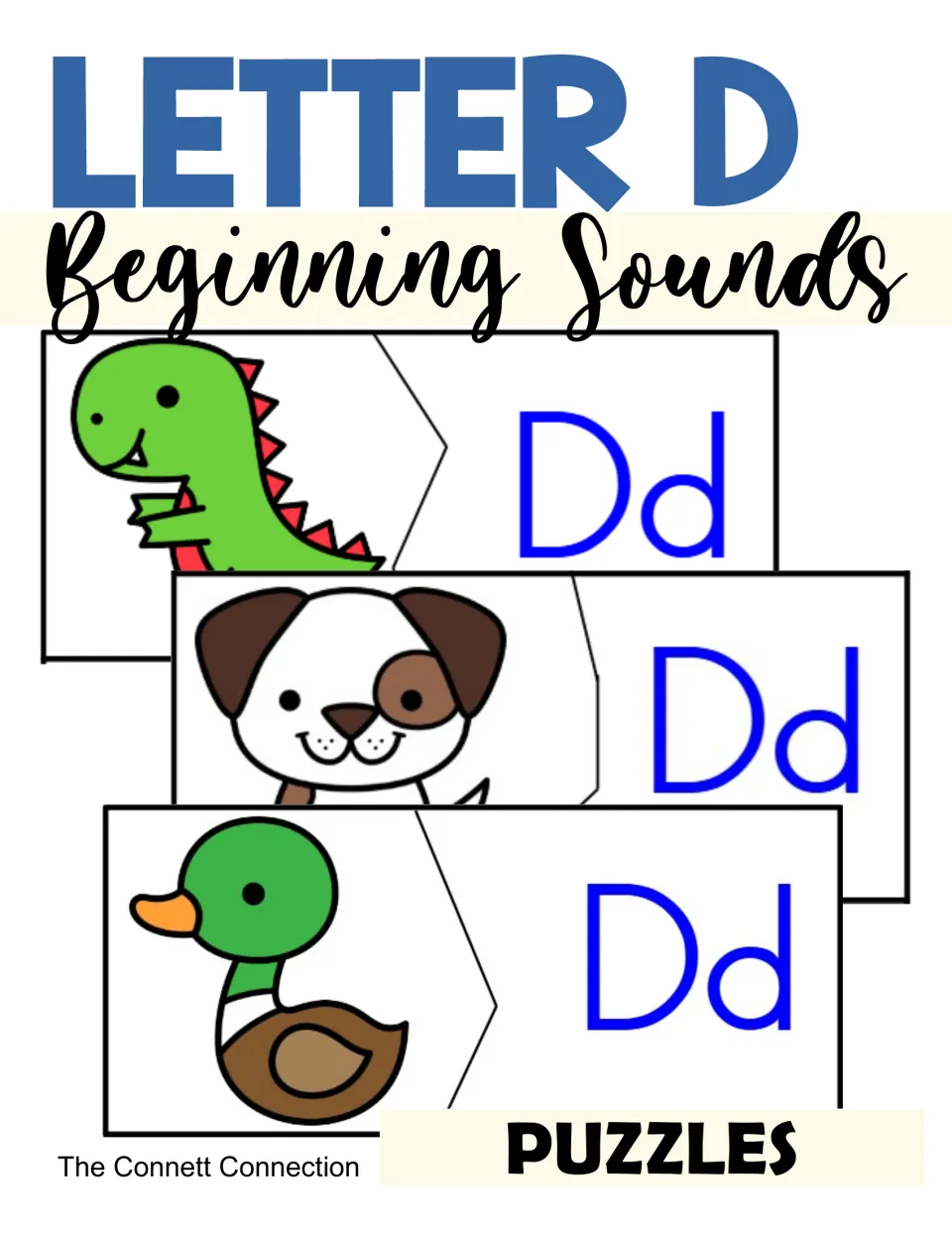 Letter D beginning sounds cover: two-piece puzzles matching a dinosaur, a dog and a duck picture to the letters Dd