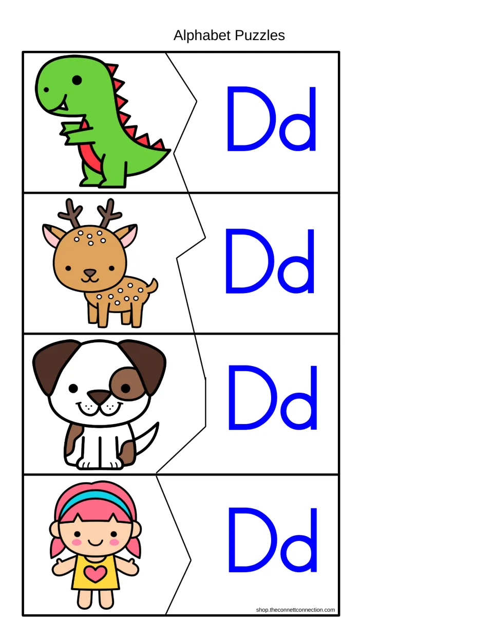 Alphabet puzzles: students join picture pieces of a dinosaur, deer, dog and doll to matching Dd pieces for the /d/ sound