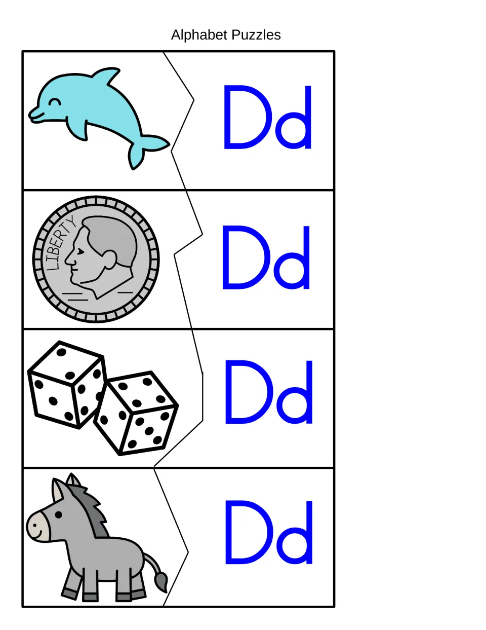 Alphabet puzzles: students match pictures of a dolphin, dime, dice and donkey to Dd letter pieces for beginning sound D
