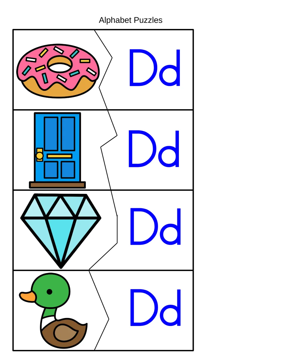 Alphabet puzzles: students pair pictures of a donut, door, diamond and duck with Dd letter halves to hear initial /d/
