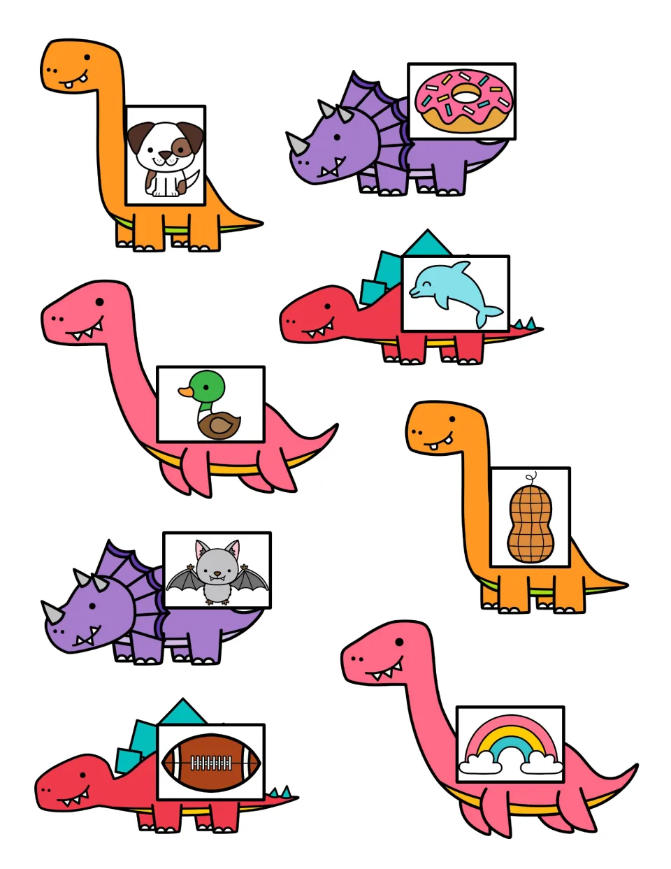 Dinosaur picture cards to cut out: dog, donut, dolphin, duck, peanut, bat, football and rainbow for sorting by first sound