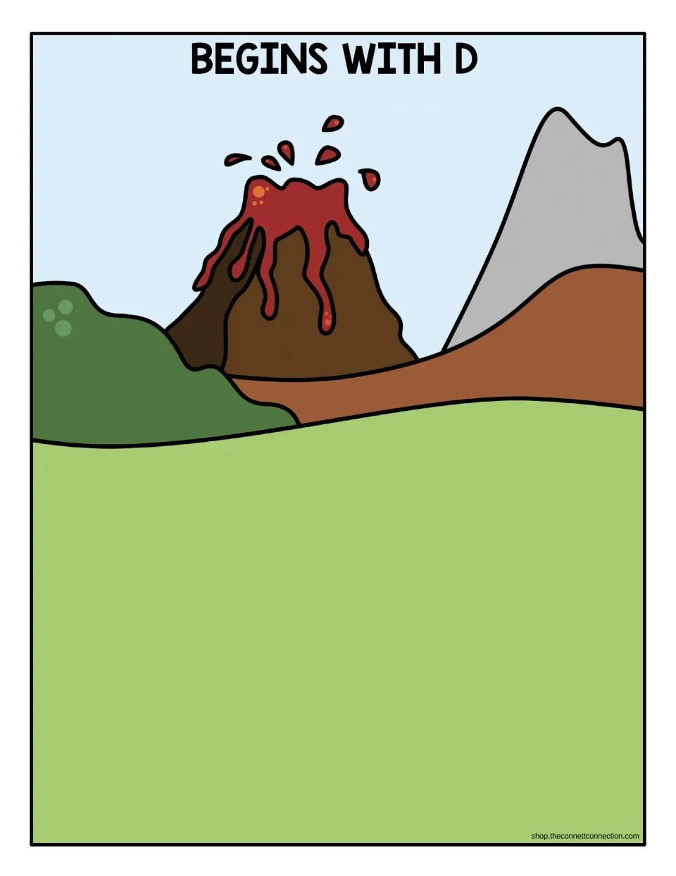 Begins With D sorting mat: students place dinosaur cards whose pictures start with the /d/ sound on the volcano scene