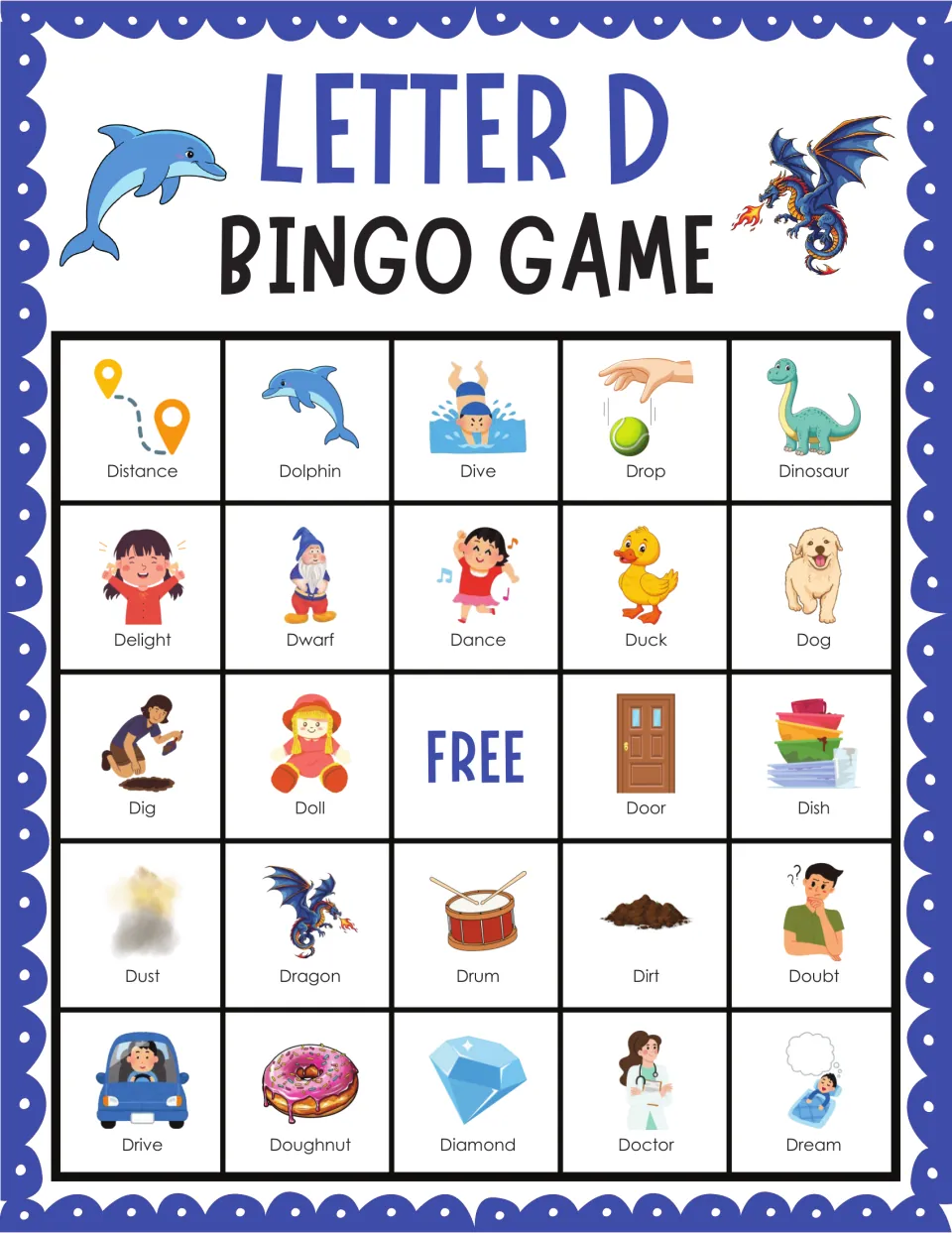 Letter D bingo card 2: students cover pictured words like distance, dolphin, dive, drop and dinosaur as each is called