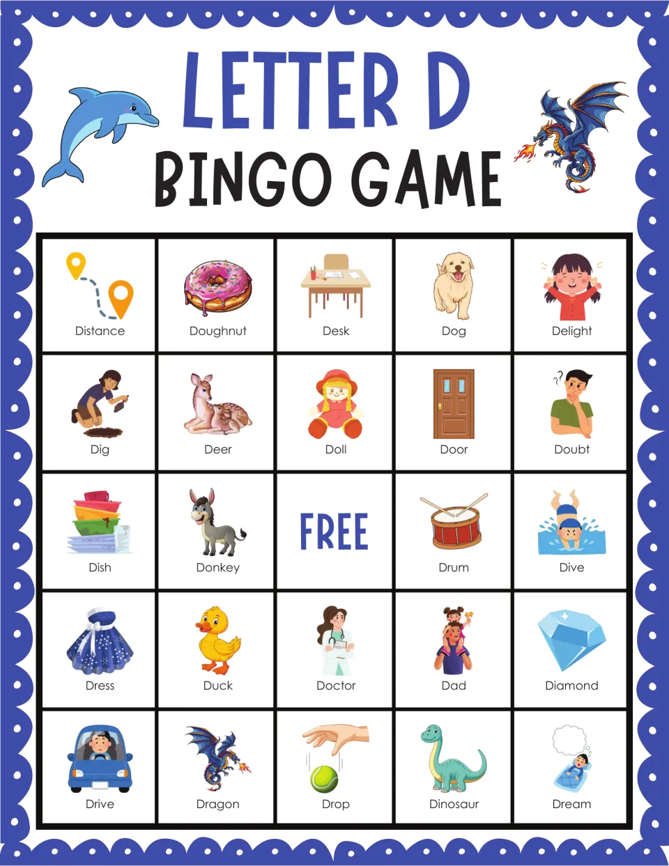 Letter D bingo card 4: labeled pictures including doughnut, desk, dog, delight and doubt for /d/ sound recognition