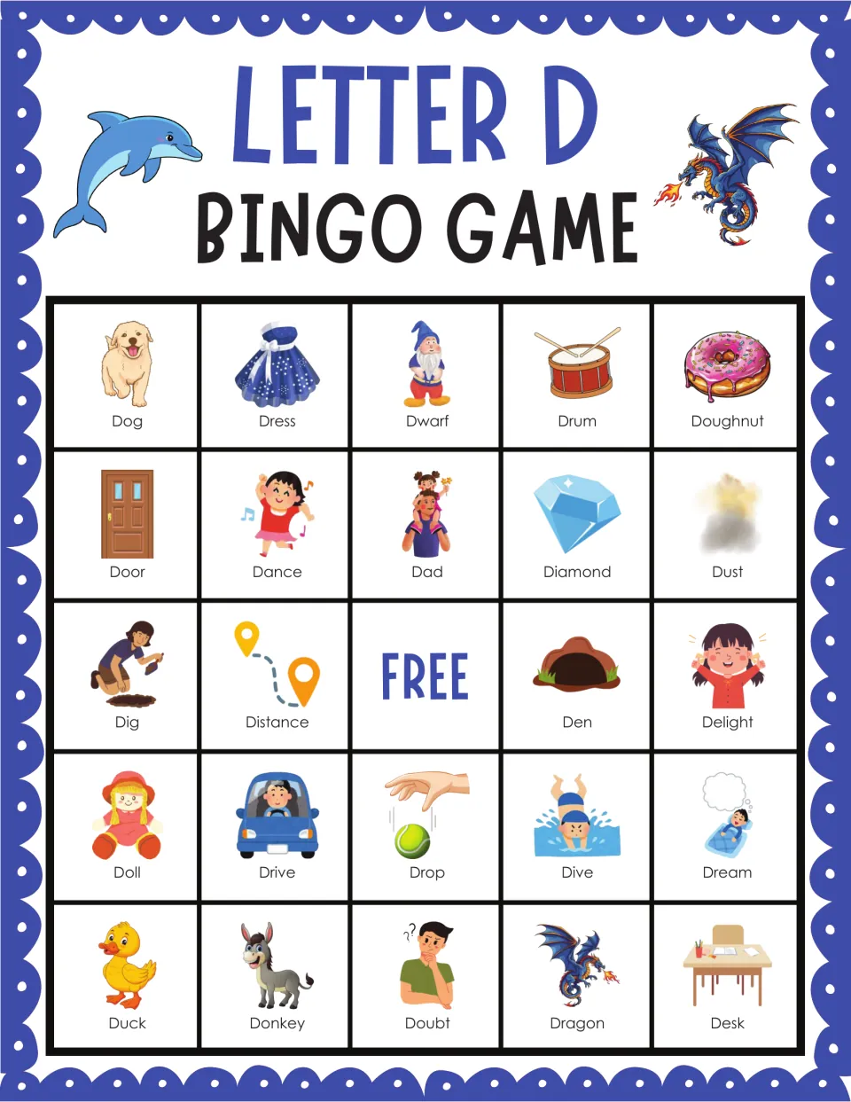 Letter D bingo card 5: students listen for /d/ words and mark dog, dress, dwarf, drum, doughnut and other pictured items