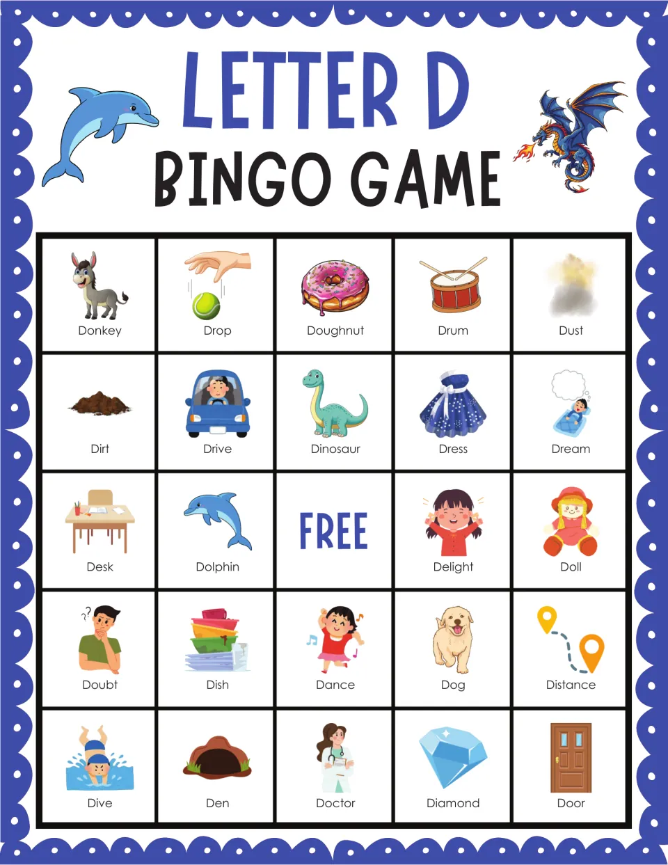 Letter D bingo card 8: donkey, drop, doughnut, drum and dust pictures labeled for students to cover as D words are read