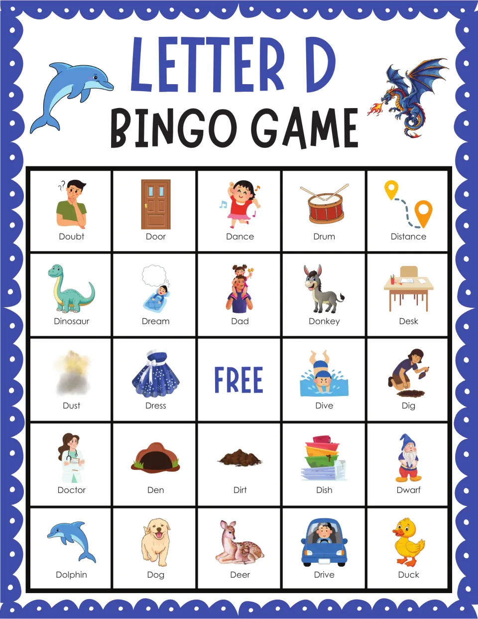 Letter D bingo card 9: students mark doubt, door, dance, dinosaur and dream pictures to practice recognizing initial D