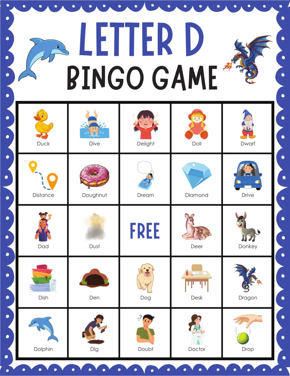 Letter D bingo card 10: duck, dive, delight, doll and dwarf pictures for marking called words that begin with D