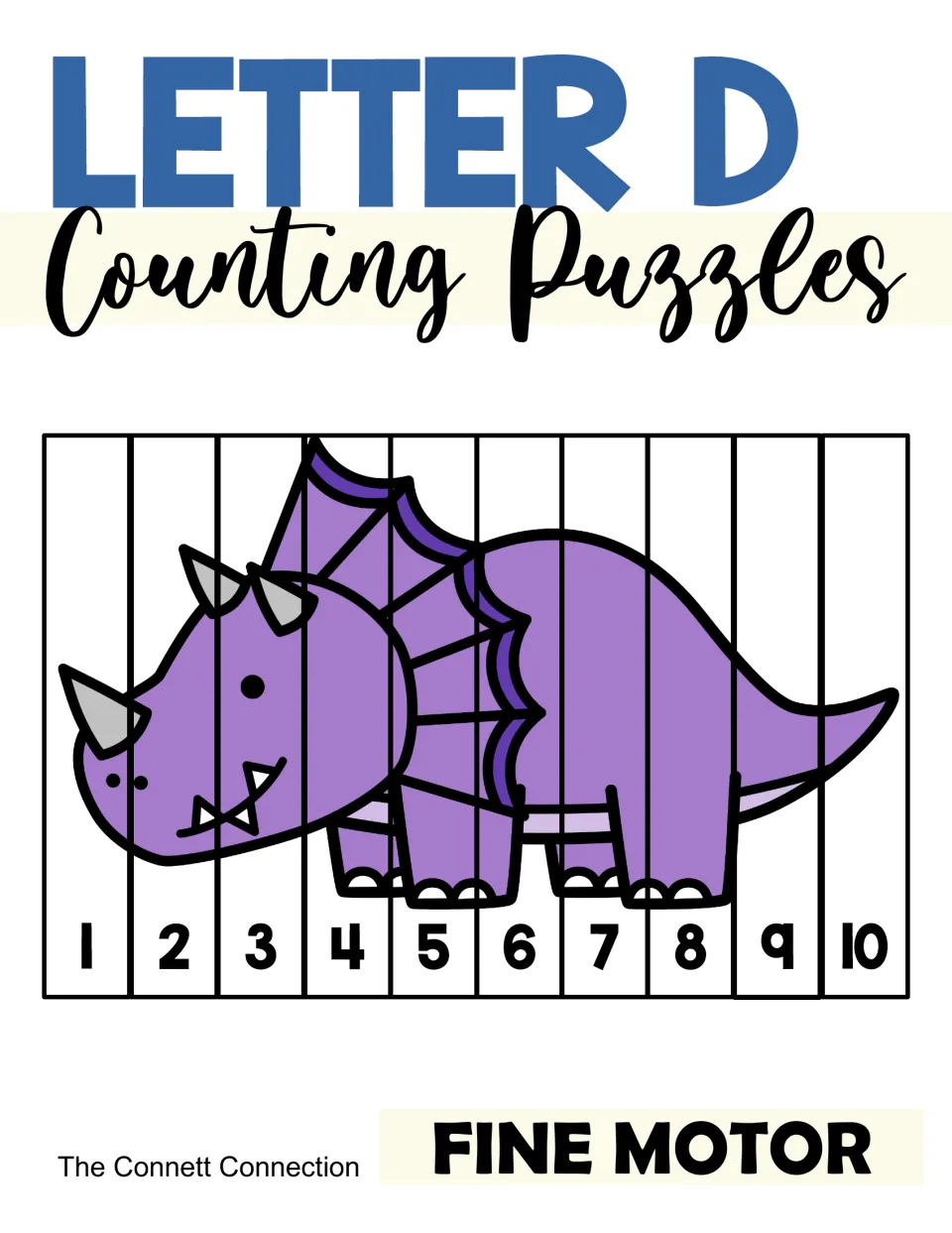 Letter D Counting Puzzles cover: a purple triceratops picture cut into 10 strips numbered 1 to 10, labeled Fine Motor