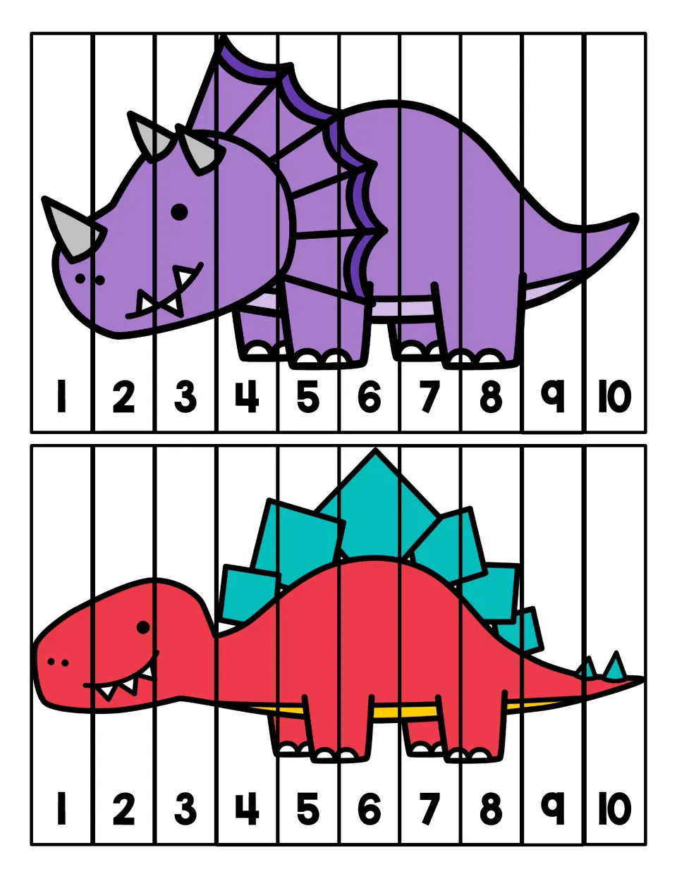 Dinosaur number-order puzzles: students cut apart strips 1 to 10 and order them to rebuild a triceratops and a stegosaurus