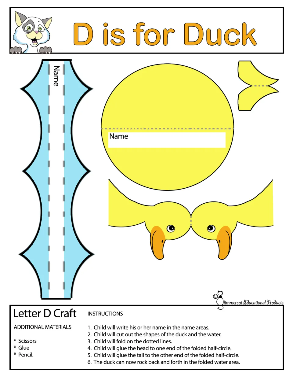 D is for Duck, color: students cut out a duck body, head and tail and a water piece, fold and glue to make a rocking duck