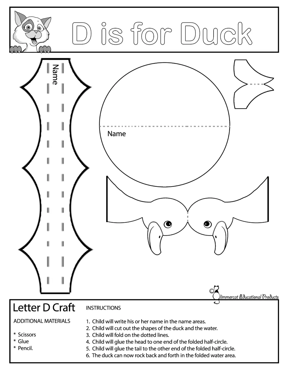 D is for Duck, black and white: students write their name, cut out the duck and water shapes, fold, and color the duck