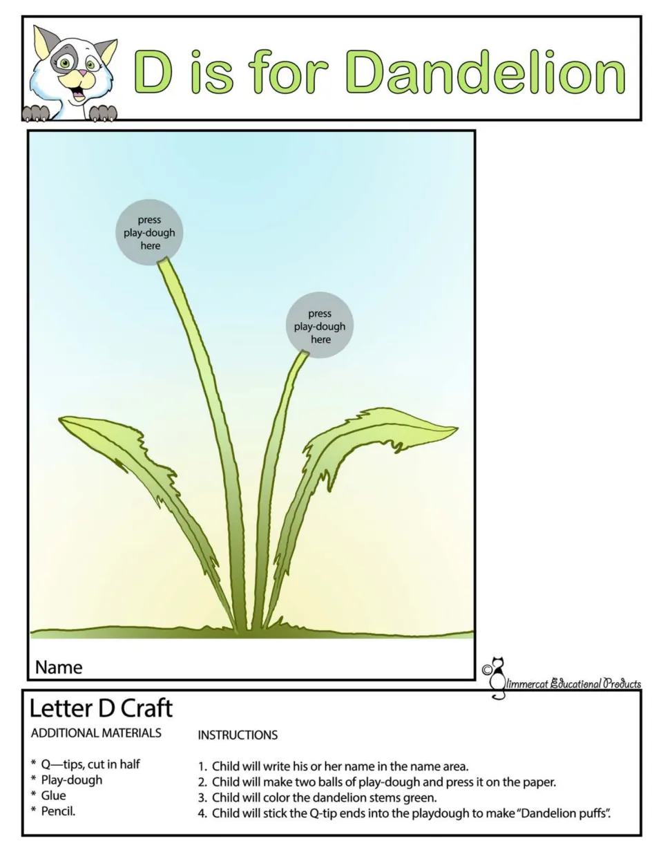 D is for Dandelion, color: students press play-dough balls on two stems and stick in Q-tip halves to make dandelion puffs